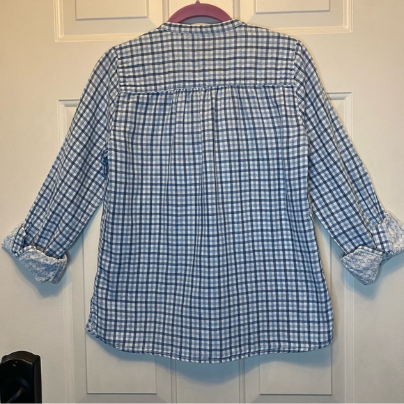 Lucky Brand Handcrafted Blues & White Plaid Blouse Top Pullover Sz Small - Picture 3 of 16